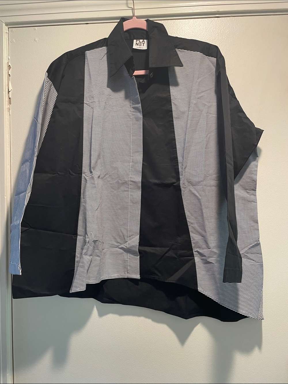 PLANET by Lauren G Oversized Striped Panel Black & White Button-Down Shirt